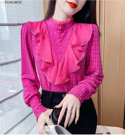 Cralom Sparkly Sequin Ruffle Trim Blouse Slim Fit