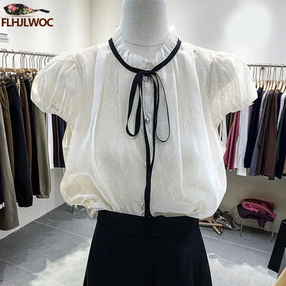 Cralom Elegant Bow Tie Blouse - Short Sleeve Office Wear for Women