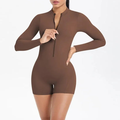 Cralom Seamless Yoga Bodysuit with Cut-Out Back, Half Zip & Peach Booty Lift