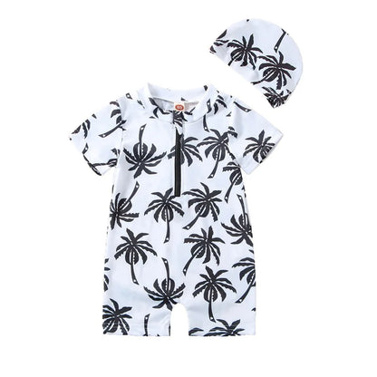Cralom Baby Boy Swimsuit Set with Hat, Cartoon Tree Print Jumpsuit