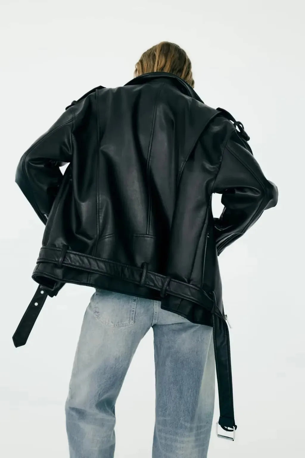 Cralom Black Faux Leather Belted Jacket for Women