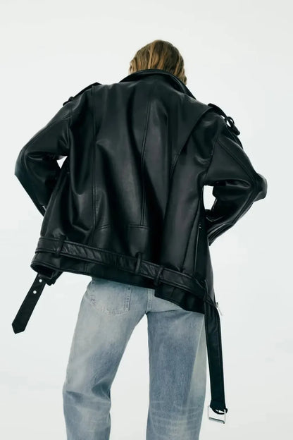 Cralom Black Faux Leather Belted Jacket for Women