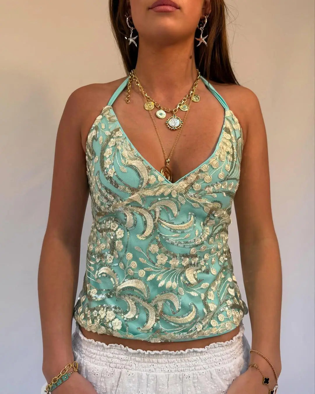 Cralom Sequin Halter Vest: Glittery Beaded Boho Crop Top for Summer Beach Looks