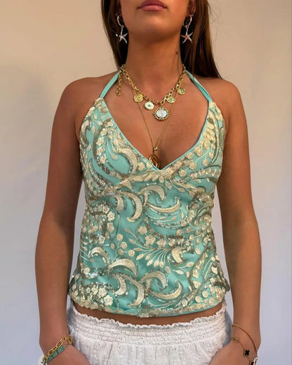 Cralom Sequin Halter Vest: Glittery Beaded Boho Crop Top for Summer Beach Looks