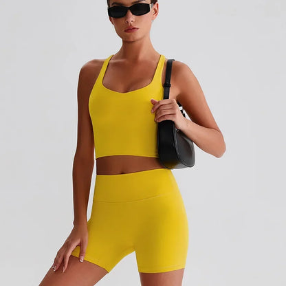 Cralom Naked Feel Yoga Set: Backless Top & Peach Booty Shorts