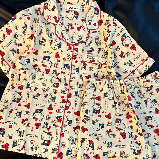 Cralom Cloud Cotton Short-Sleeved Pajama Set - Cute Japanese Cartoon Summer Sleepwear