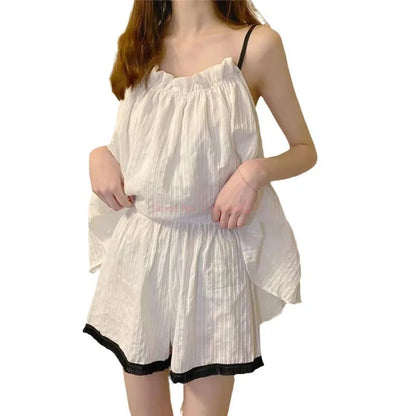 Cralom Women's Solid Color Thin Pajama Set with Suspender Shorts