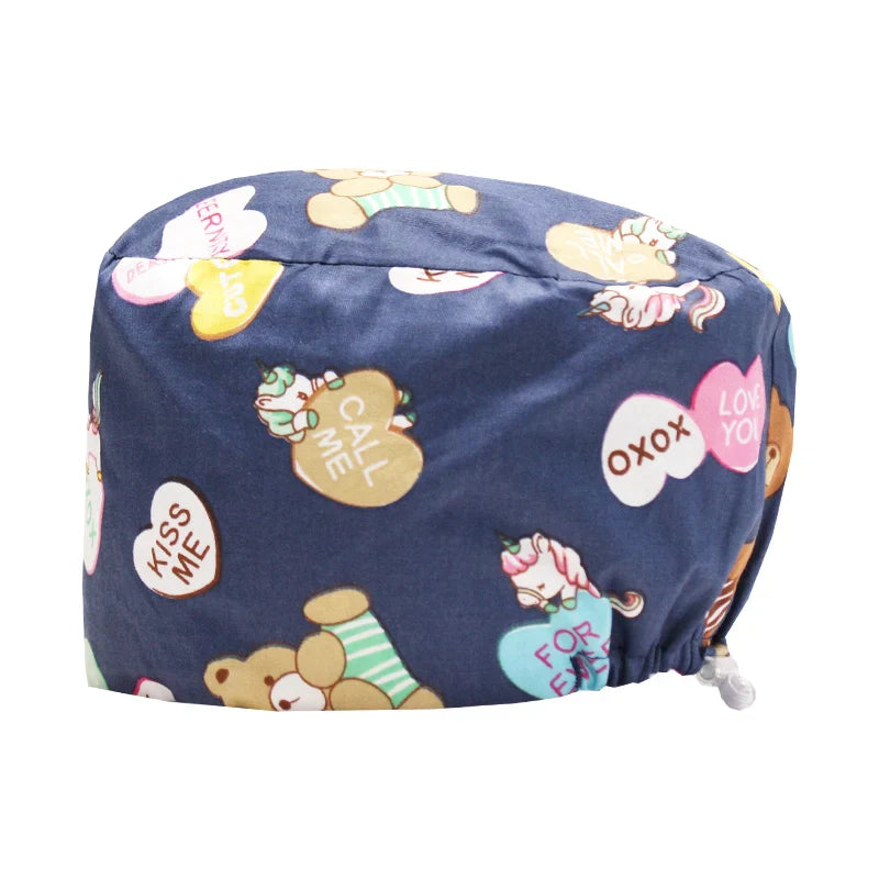 Cralom Bear Print Nurse Cap - Unisex Scrub Hat for Veterinary & Medical Use