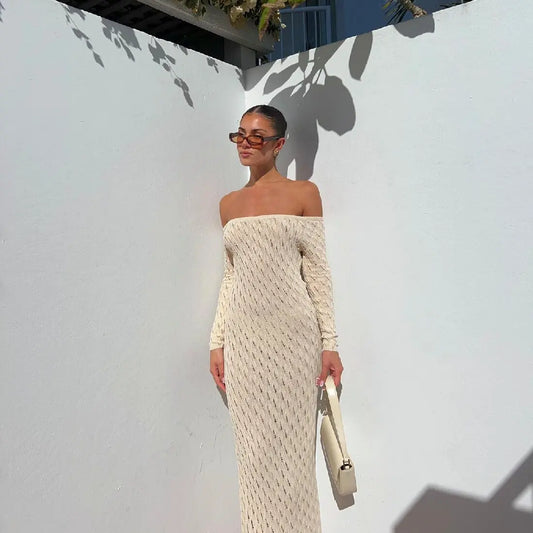 Cralom Off-Shoulder Knitted Long Dress with Elegant Hollow Out Design