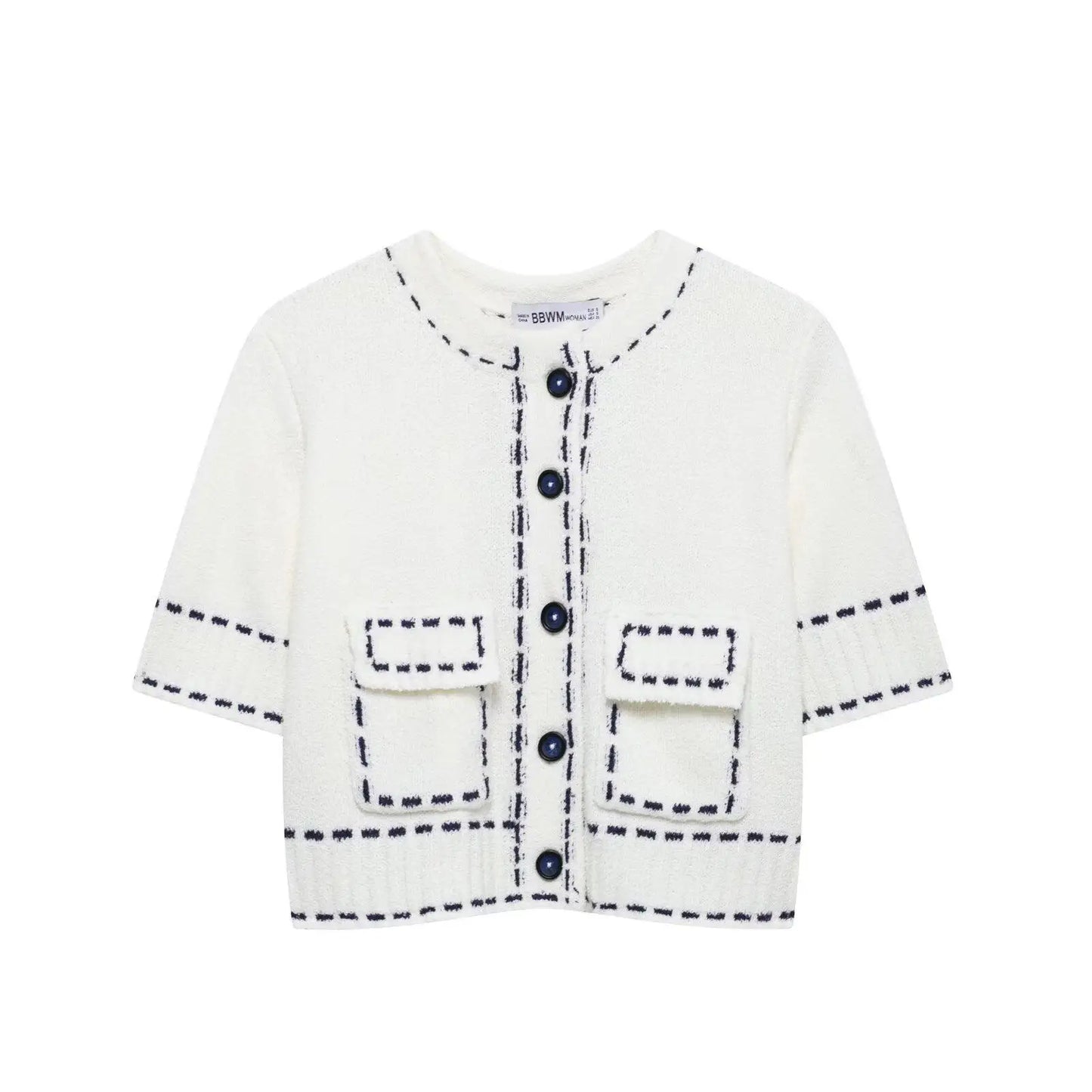 Cralom Short Sleeve O-neck Knit Cardigan Open-line Sweater