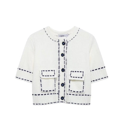 Cralom Short Sleeve O-neck Knit Cardigan Open-line Sweater