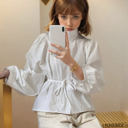 Cralom Autumn Cotton Turtleneck Tops, Chic French Style Button Shirts