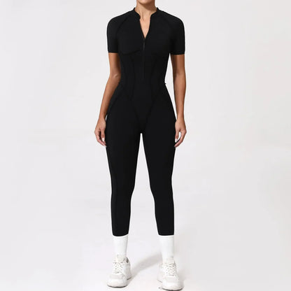 Cralom Seamless Front-Zip Short Sleeve Sports Jumpsuit
