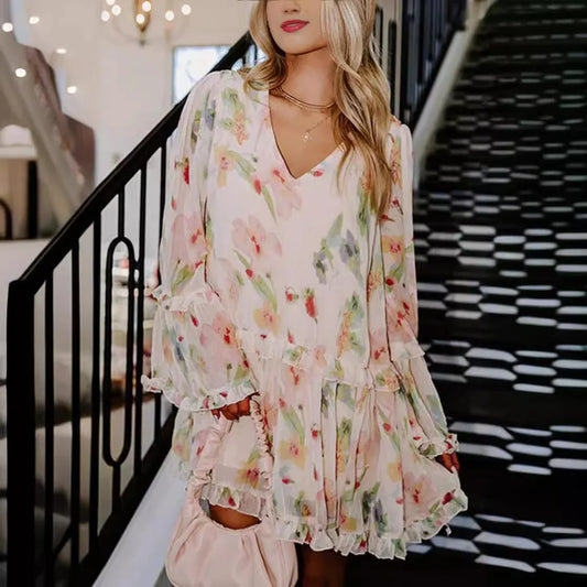 Cralom Sweet Mushroom Edge Double Layered V-neck Mini Dress