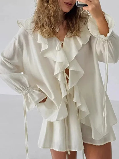 Cralom V Neck Solid Shorts Set 2025 Summer Outfits