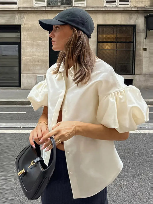 Cralom Satin Puff Sleeve Blouse Solid Lapel Single-breasted Pleated Shirt