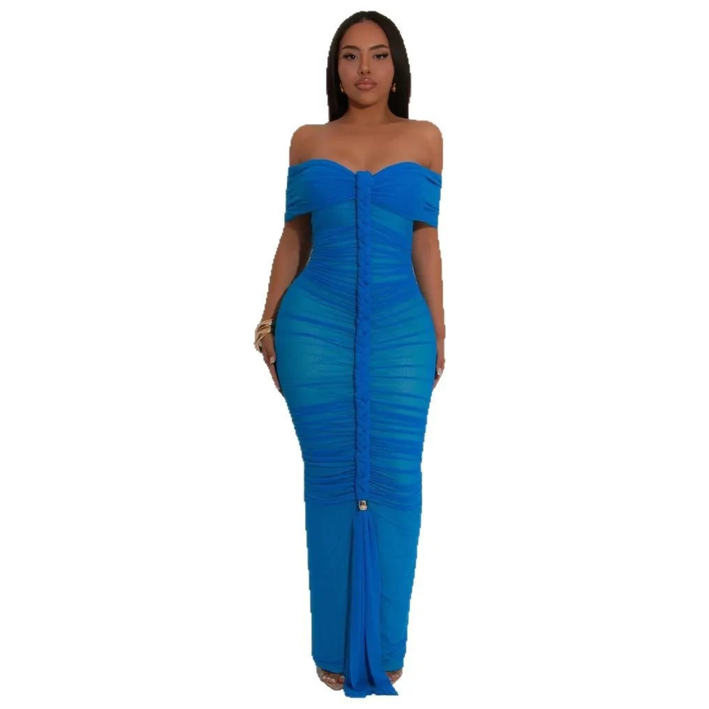 Cralom Mesh Pleated Shoulder One-piece Dress for Summer 2025
