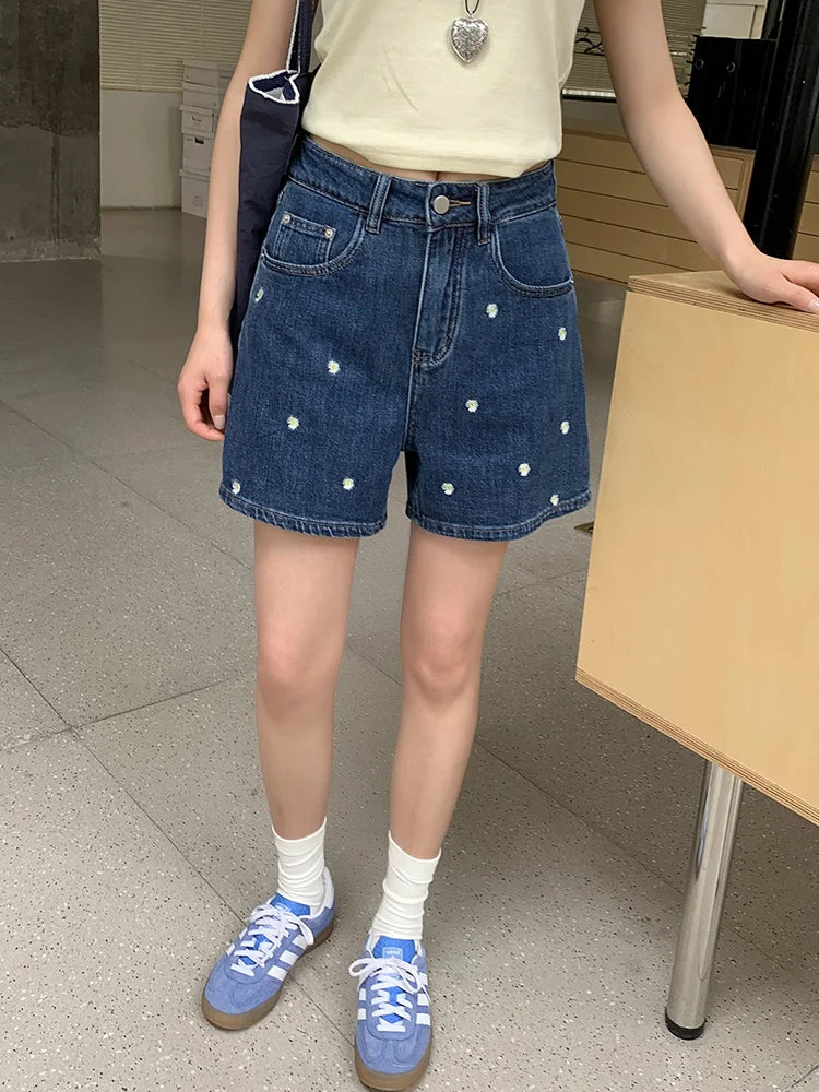 Cralom Vintage Denim Shorts High Waist Wide Leg Pants