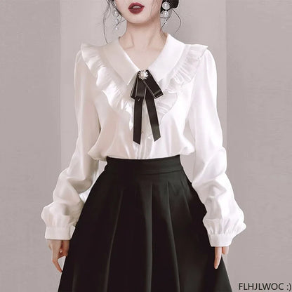 Cralom Ruffled Ribbon Bow Tie Elegant White Blouse