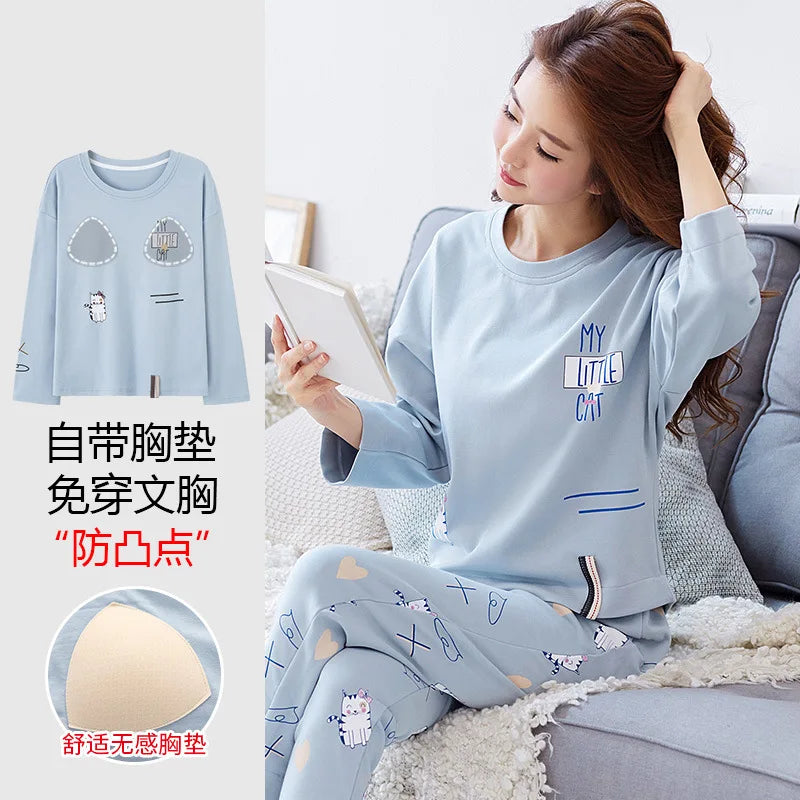 Cralom Cotton Pajama Set with Chest Pads, Long-sleeved Soft Sleepwear for Women
