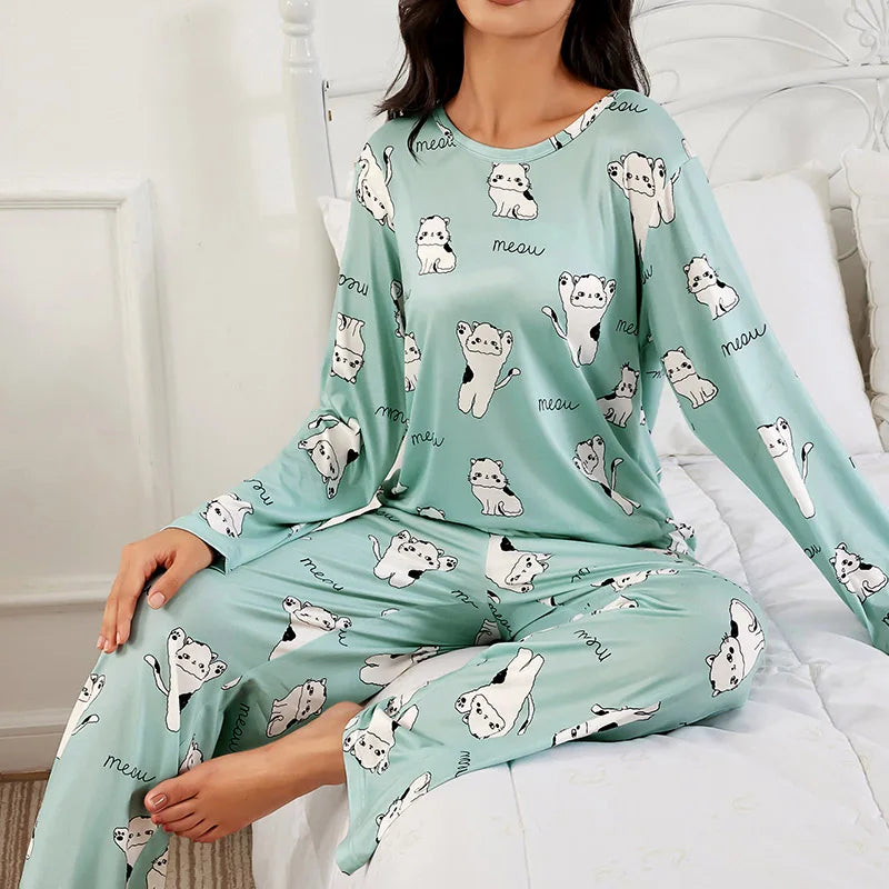 Cralom Green Cat Print Pajama Set - Long Sleeve Top & Pants Sleepwear