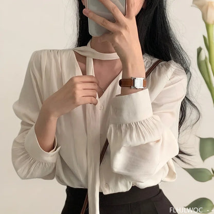 Cralom Classic Black Bow Tie Blouse Elegant Office Style Ruffled Long Sleeve Top