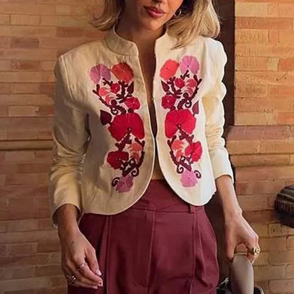 Cralom Embroidery Short Jackets O Neck Long Sleeve Coats Female