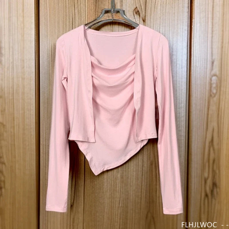 Cralom Y2K Bodycon Two-Piece Set Tops, Sexy Slim Fit Blouses, New Style Korean Tees