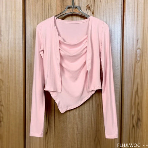 Cralom Y2K Bodycon Two-Piece Set Tops, Sexy Slim Fit Blouses, New Style Korean Tees
