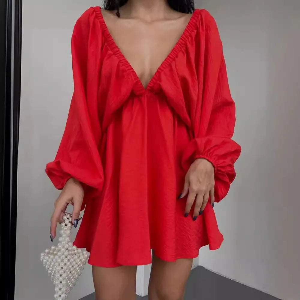 Cralom Deep V-neck Bubble Dress with Open Back and Large Swing Skirt