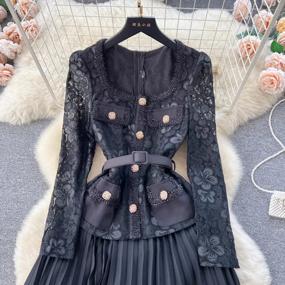 Cralom 2024 Autumn Lace A-line Two Piece Dress