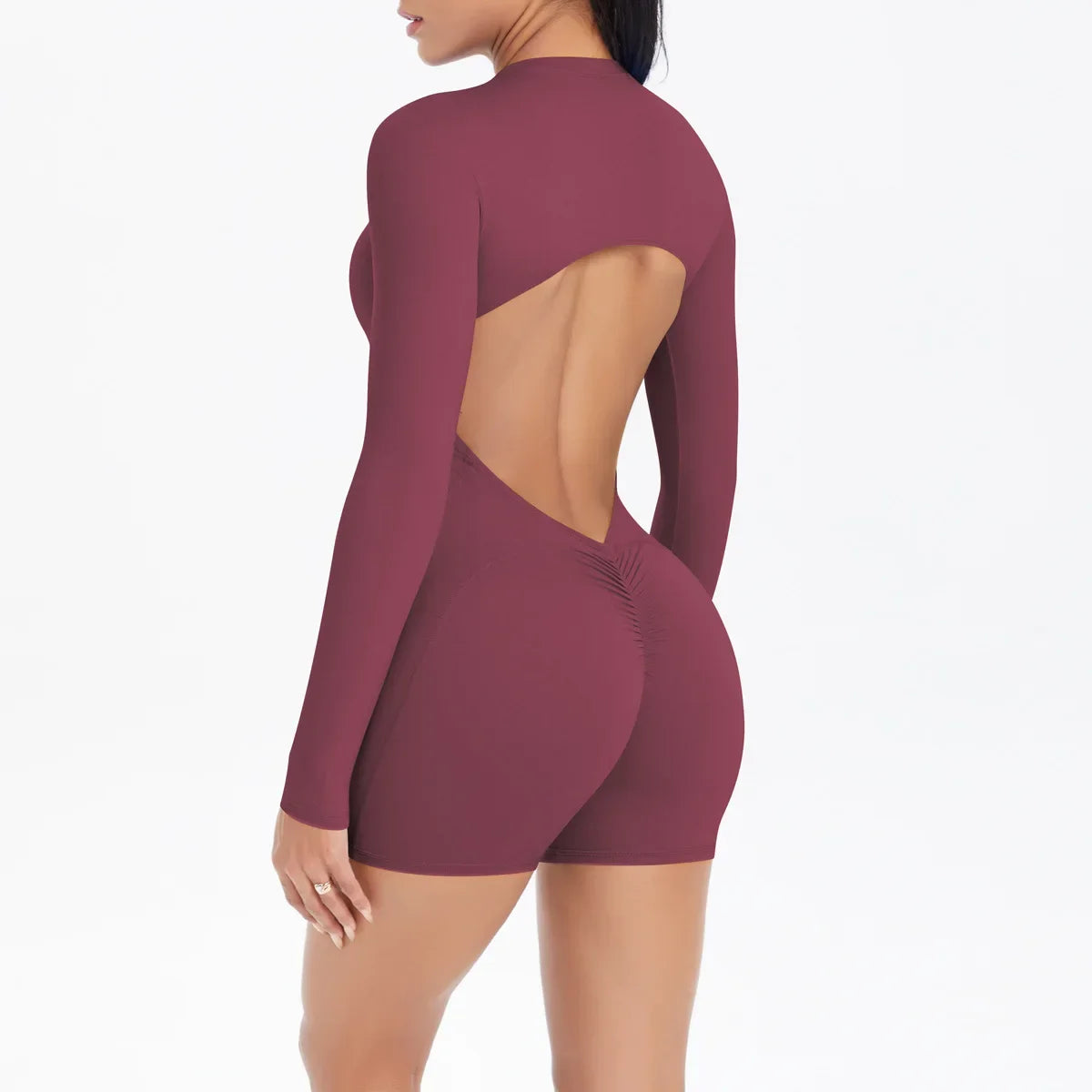 Cralom Seamless Yoga Bodysuit with Cut-Out Back, Half Zip & Peach Booty Lift