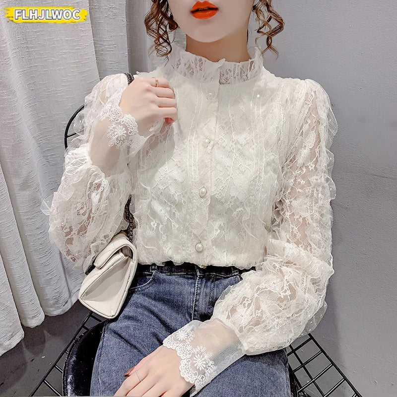 Cralom Women's Lace Ruffled White Turtleneck Blouse Elegant Office Lady Chic Top