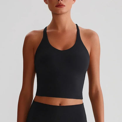 Cralom Nude Yoga Top with Detachable Chest Pads and Crossover Back