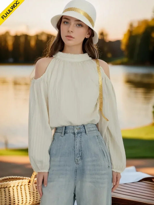 Cralom Off Shoulder Puff Sleeve Lace-Up Blouse