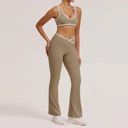 Cralom Seamless Yoga Set: Cross Waistband Pants & Nude Feel Sports Bra for Gym