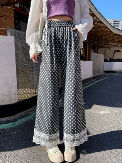 Cralom High Waist Lace Spliced Wide Leg Pants