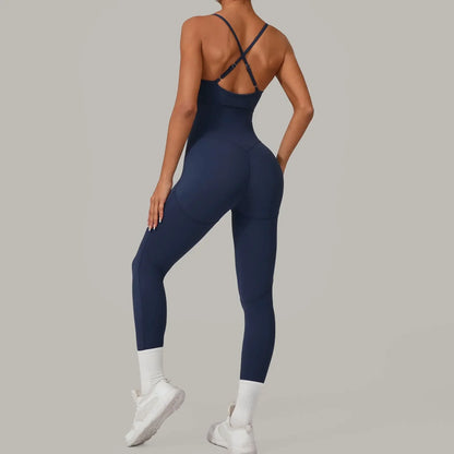 Cralom Seamless Cross Back Yoga Jumpsuit - Adjustable Straps, Butt Lifting