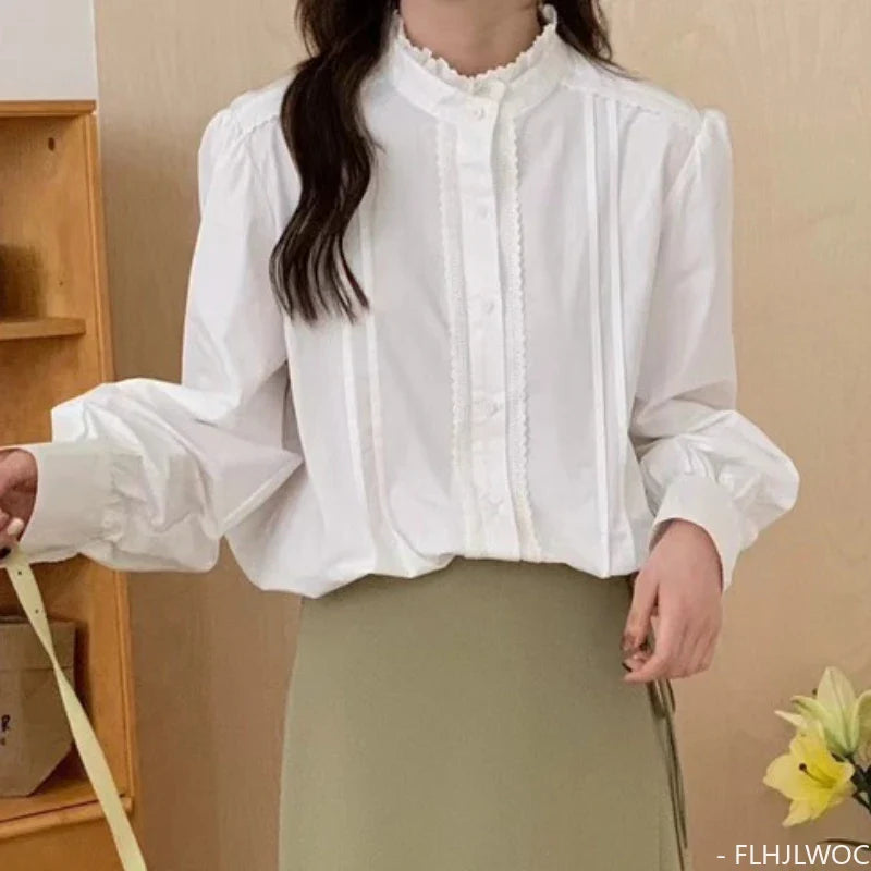 Cralom Retro Lace Button Blouse Women's Long Sleeve Stand Collar Top