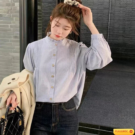 Cralom Blue Striped Ruffles Blouse - Retro Preppy Style Vintage Shirt