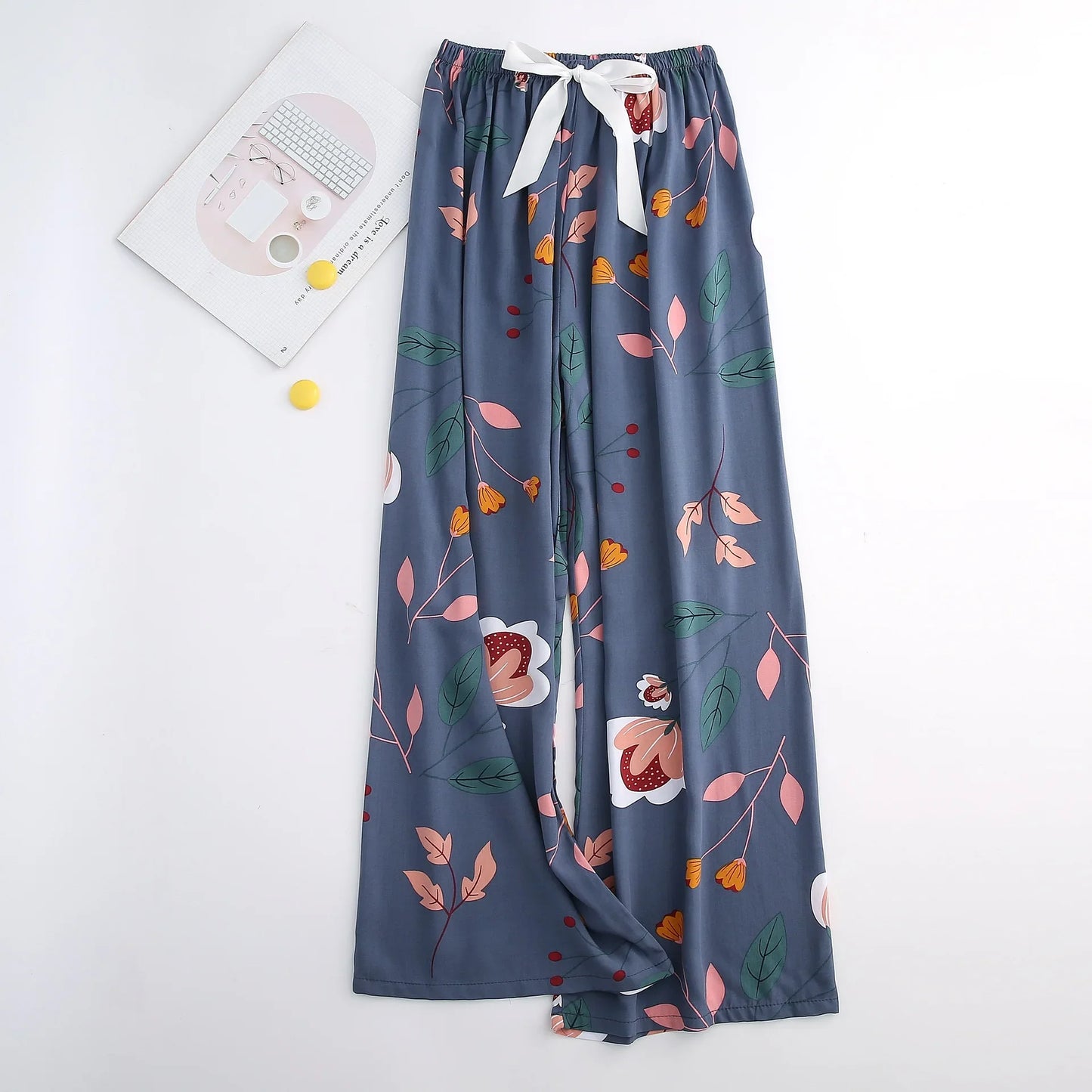 Cralom Floral Cotton Silk Pajama Pants Women's Loose Wide-leg Trousers