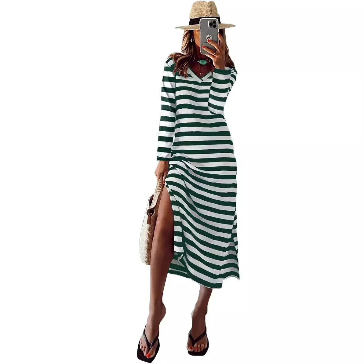 Cralom Women's V-neck Striped Long Sleeve Slit Dress