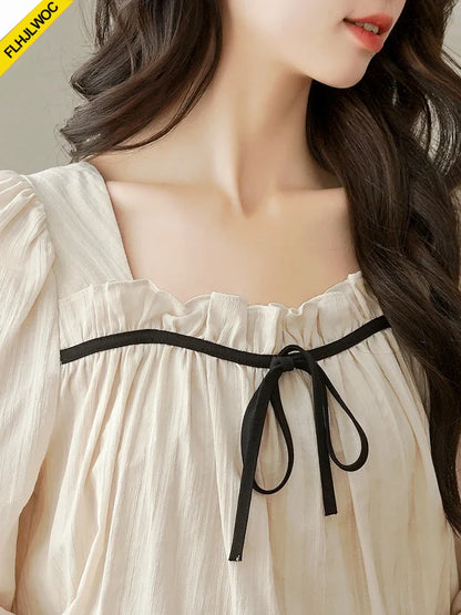 Cralom Square Neck Ruffles Doll Shirt with Bow Tie for Women
