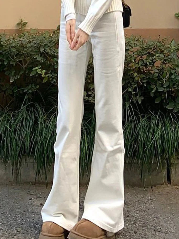 Cralom Vintage Washed Flare Jeans Women Y2K High Waist Streetwear Straight Pant