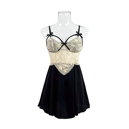 Cralom V Lace Backless Satin Nightgown Suspender Pajamas,Loungewear Chic Nightdress