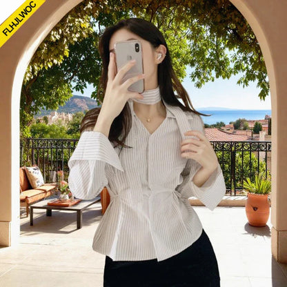 Cralom Striped Peplum Top Blouse Y2K Slim Waist Button Up Shirt