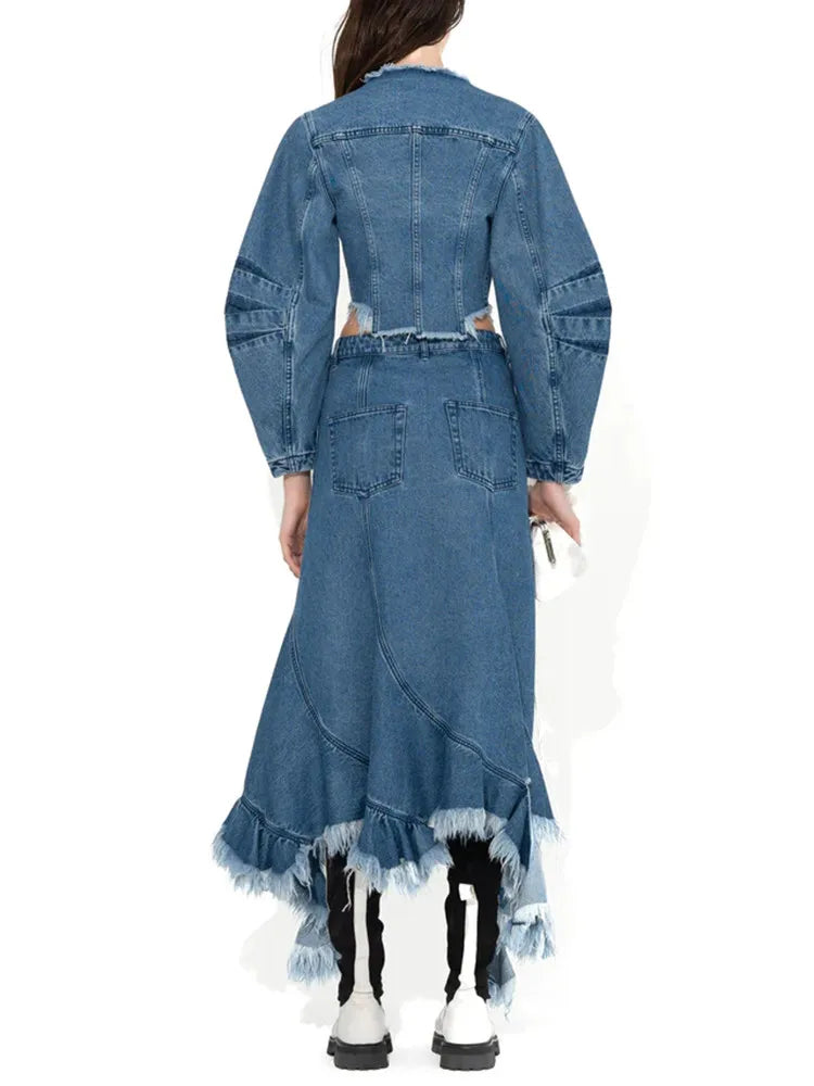Cralom Rawhem Denim Coat - Round Neck Long Sleeve Slimming Jacket for Women