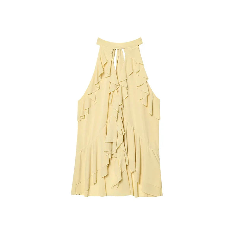 Cralom Ruffles Halter Vest Top Chiffon Hollow Out Slim Tank Tops Summer Blouses
