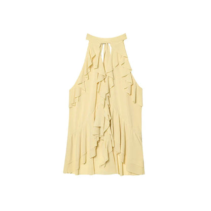 Cralom Ruffles Halter Vest Top Chiffon Hollow Out Slim Tank Tops Summer Blouses