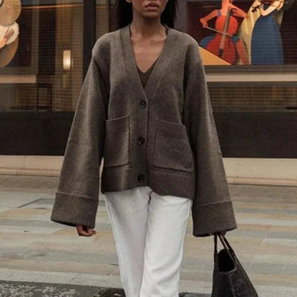 Cralom V Neck Button Loose Jackets | Solid Spliced Long Sleeve Coats